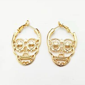 Gold Skull Hoop Earrings with Heart Eyes - Women Jewelry